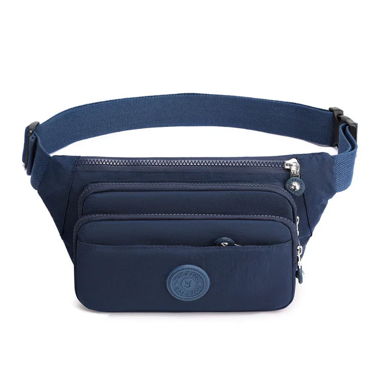 Navy blue multi-pocket waist bag with adjustable strap and zipper closures