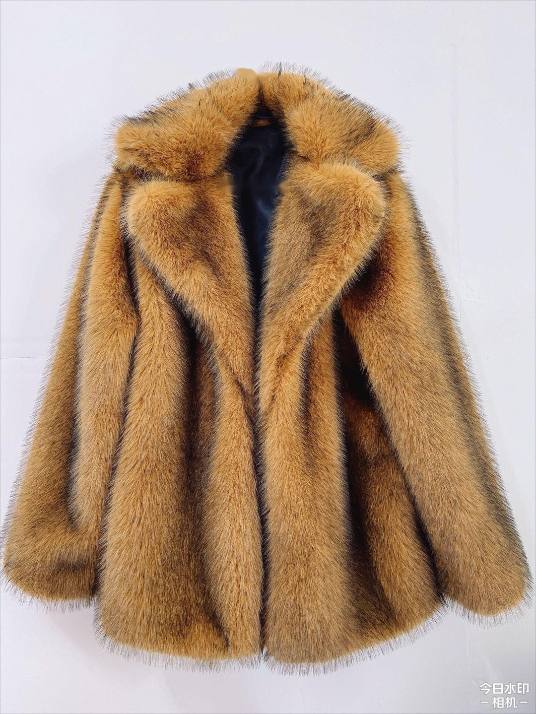 luxury brown faux fur coat with black inner lining displayed on white background