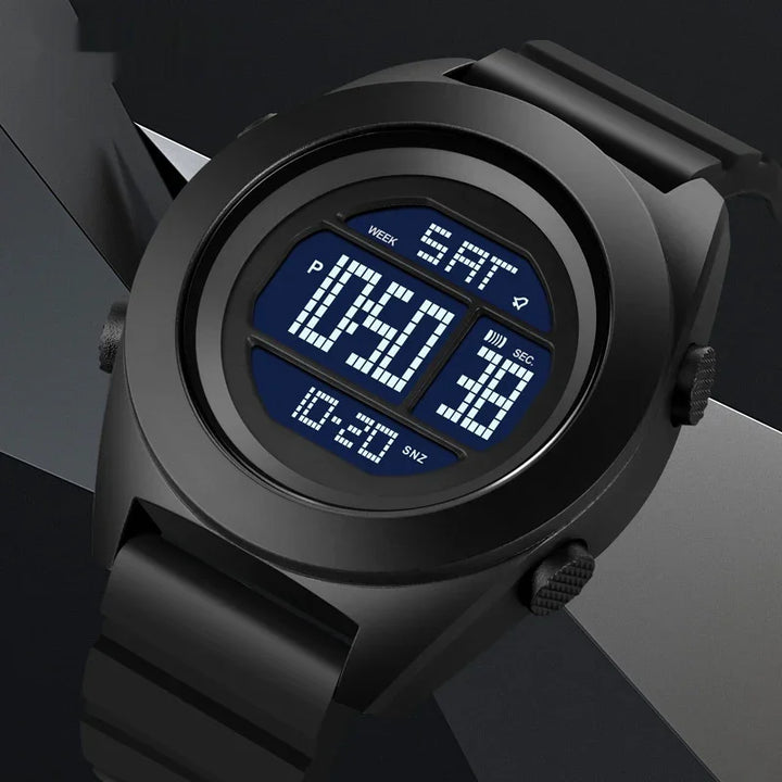 Black digital wristwatch with circular display showing time, date, and alarm on black strap