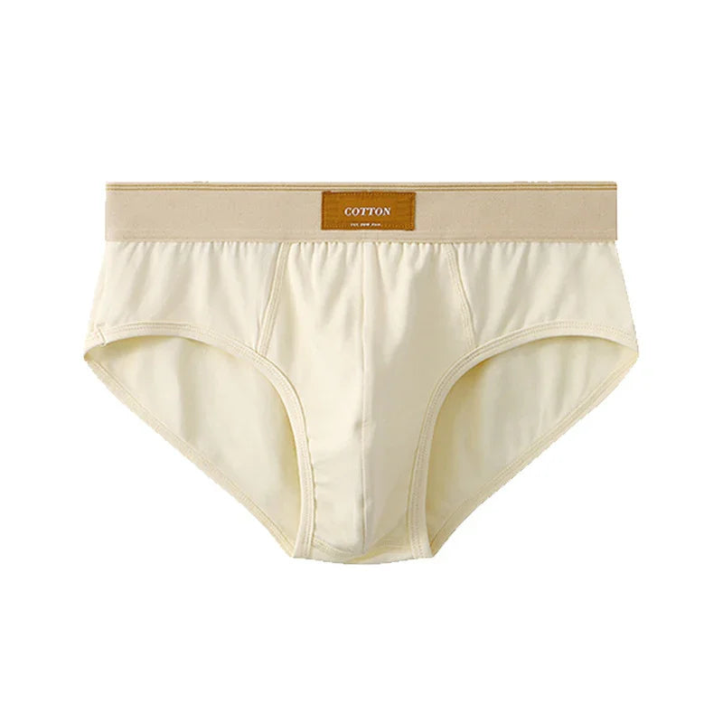 Beige men's cotton briefs with wide waistband and label on white background
