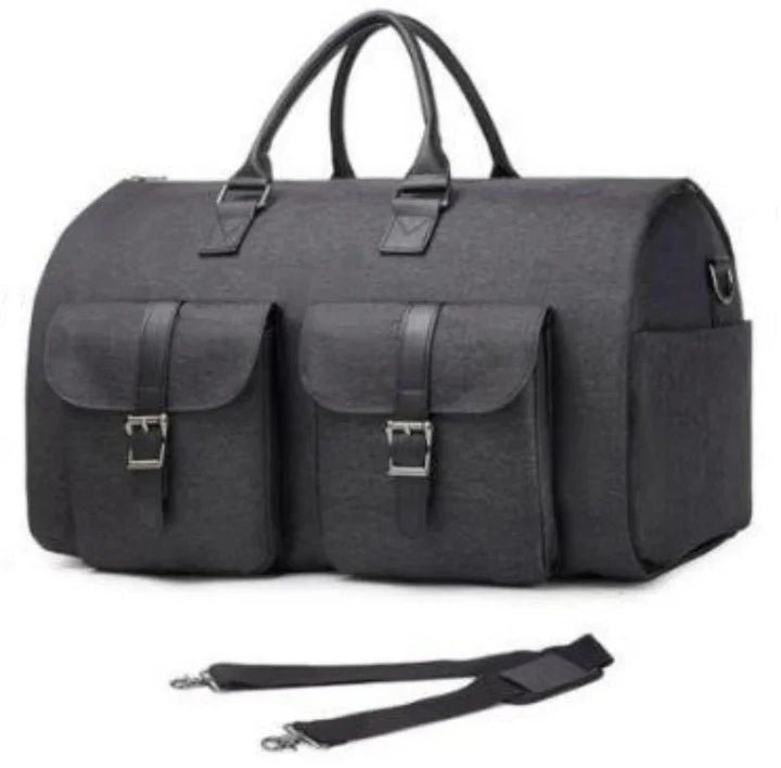 black canvas duffel bag with two front buckle pockets and detachable shoulder strap