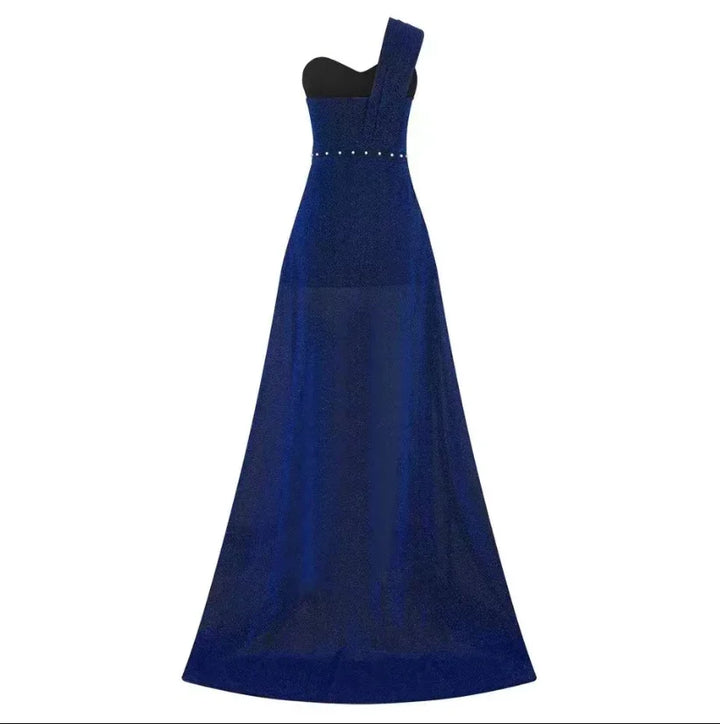 Elegant navy blue evening gown with one shoulder strap and pearl waist embellishment