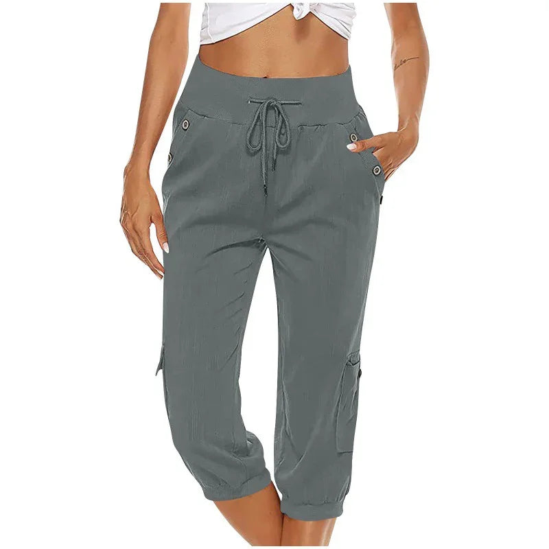 Women's casual gray cropped cargo pants with drawstring waist and side pockets