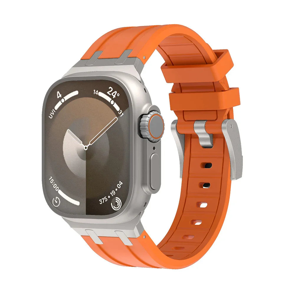Silver smartwatch with orange silicone strap showing weather and time on digital display