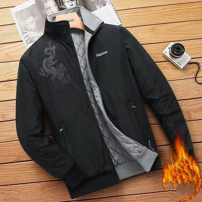 Black Mupusen jacket with gray quilted lining, dragon design, and fire graphic on sleeve