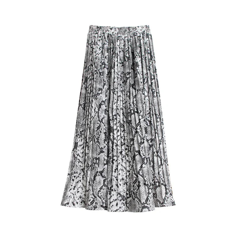 Black and white pleated midi skirt with snake print pattern on white background