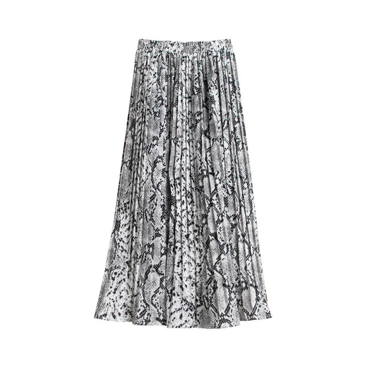 Black and white pleated midi skirt with snake print pattern on white background