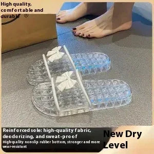 Transparent bubble sole slippers featuring white fabric straps, worn by person with dark nail polish on feet