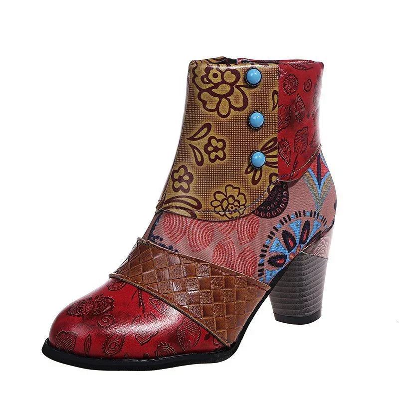 Women's patchwork ankle boot with red floral print, brown woven strap, blue buttons, and stacked heel