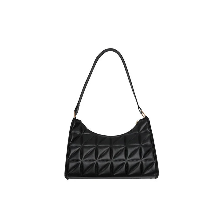 Black quilted leather shoulder bag with geometric stitched pattern and single strap