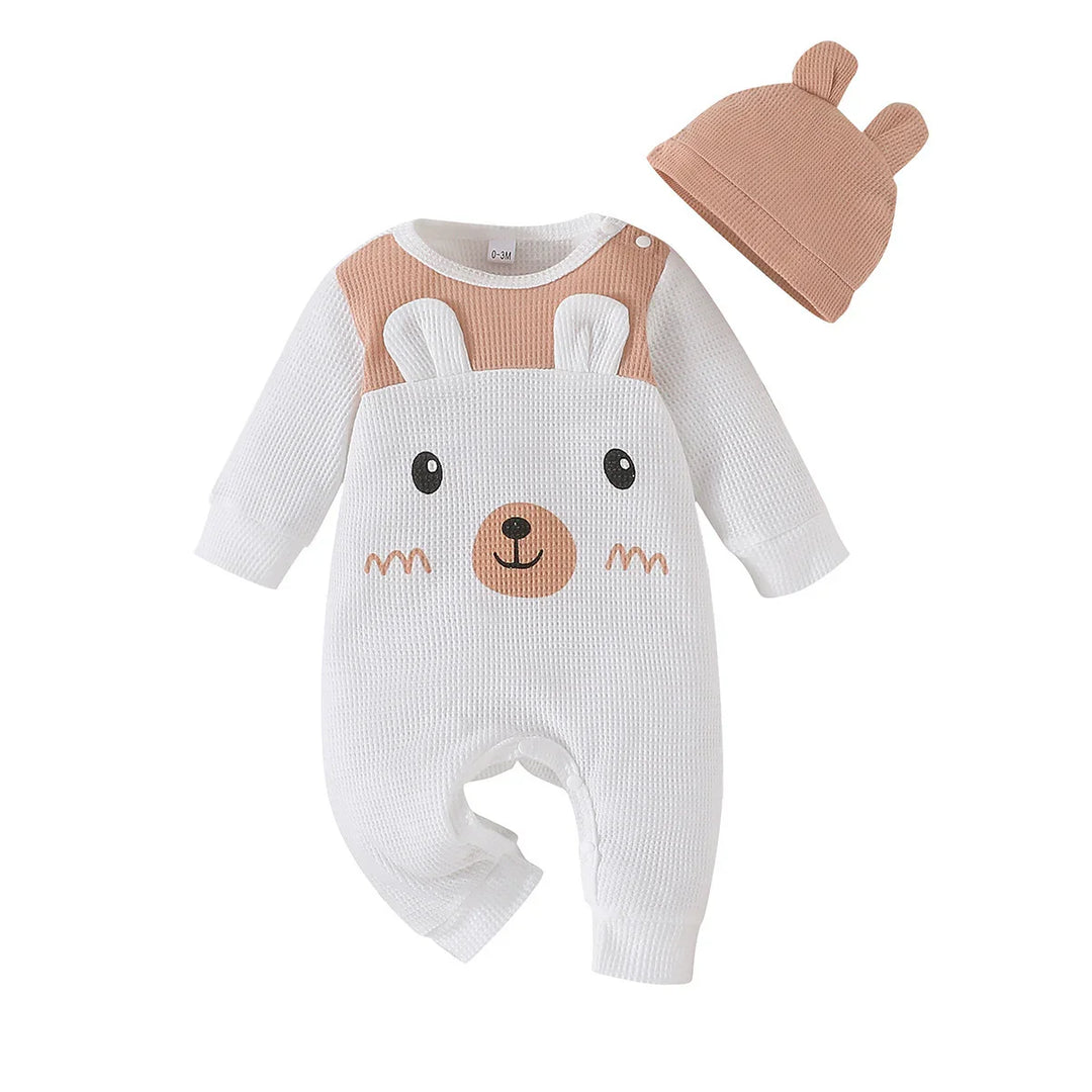 White and brown waffle knit baby romper with bear face design and matching hat with bear ears