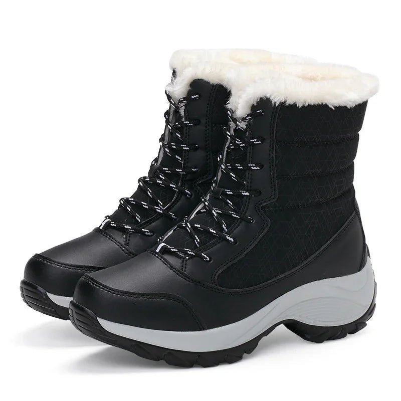 Black insulated winter boots with white faux fur lining and thick rubber soles