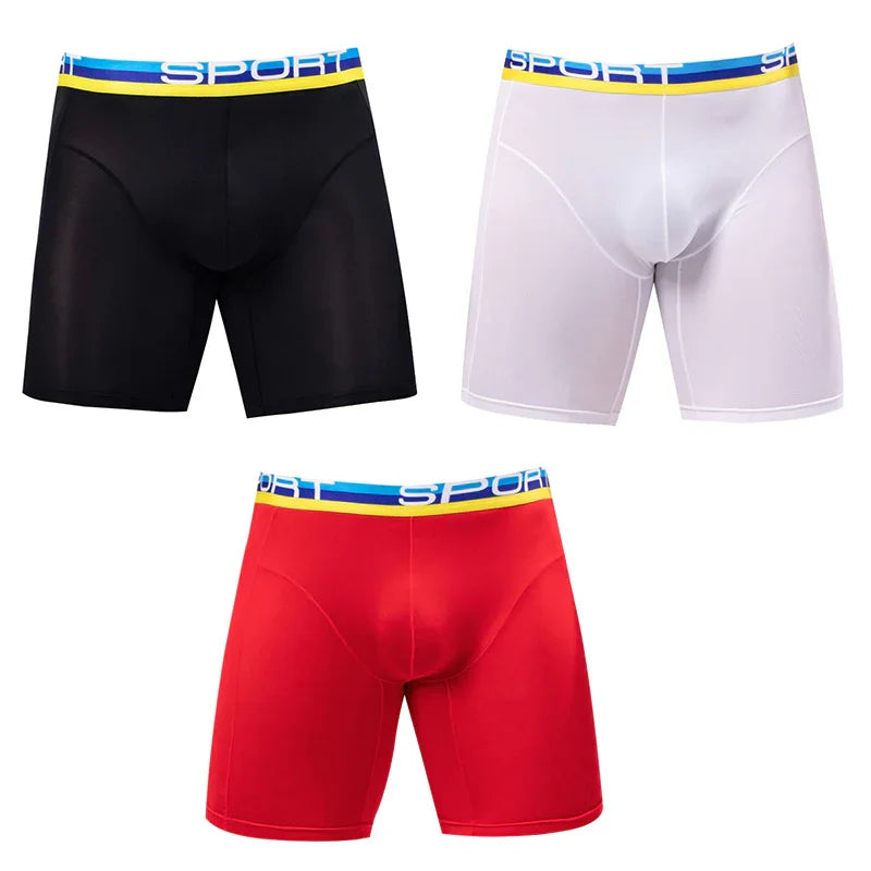 Three men's sport boxer briefs in black, white, and red with blue and yellow striped waistbands