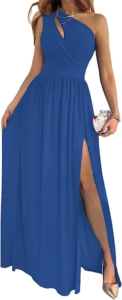 Woman wearing one-shoulder royal blue evening gown with thigh-high slit, holding clutch bag