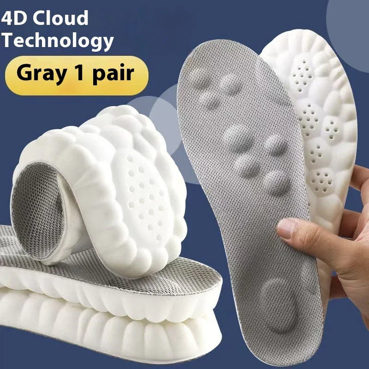 Gray 4D cloud technology insoles with textured cushioning and breathable holes, shown in flexible and flat views