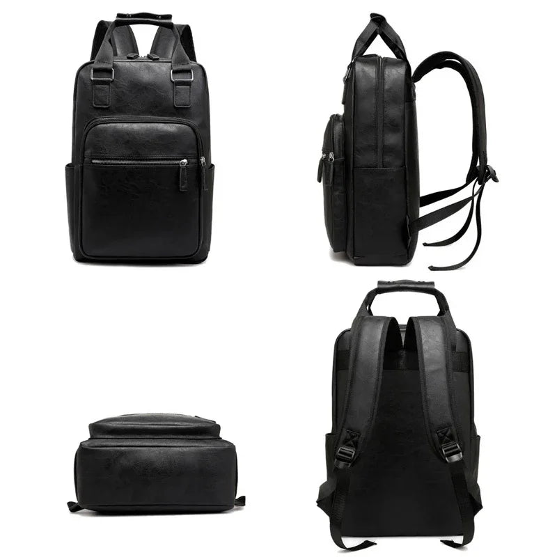 Black leather backpack shown from front, side, back, and bottom with zippered compartments and adjustable straps