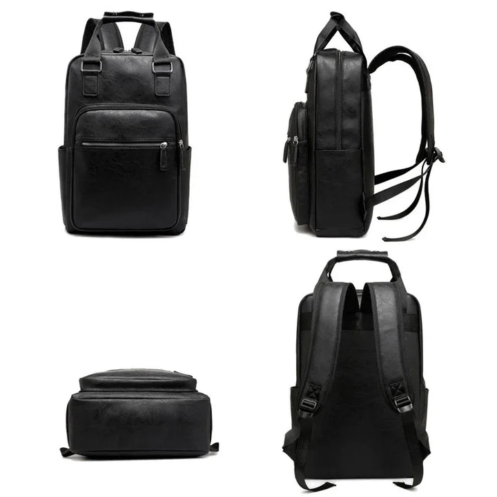 Black leather backpack shown from front, side, back, and bottom with zippered compartments and adjustable straps