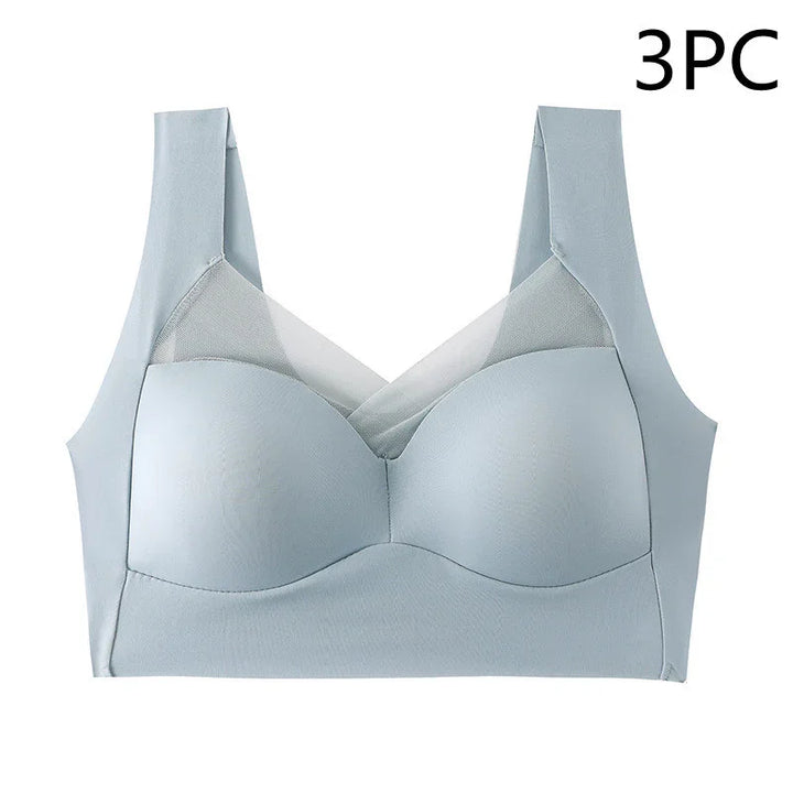 Light blue seamless wireless bra with mesh detail, soft wide straps, 3PC pack