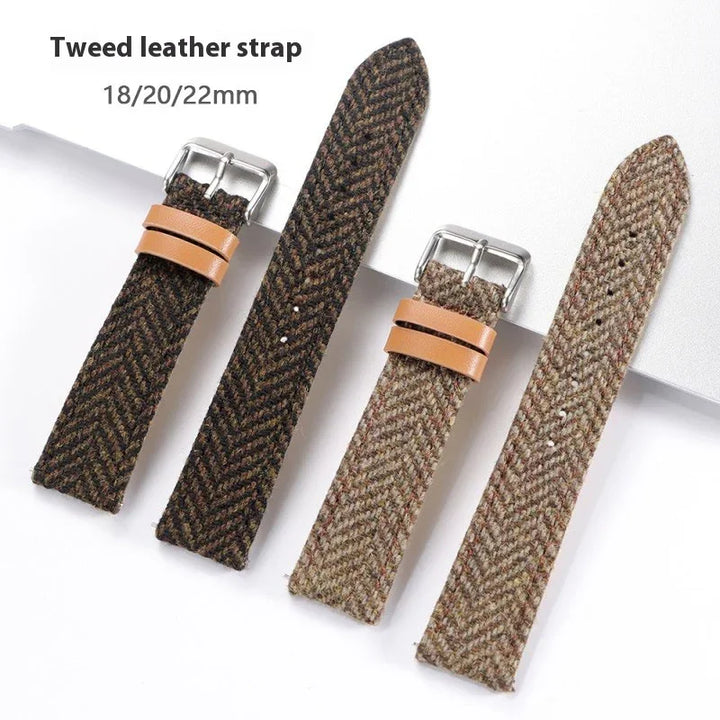 Tweed leather watch straps in dark brown and light brown herringbone patterns with silver buckles and tan leather loops, available in 18/20/22mm
