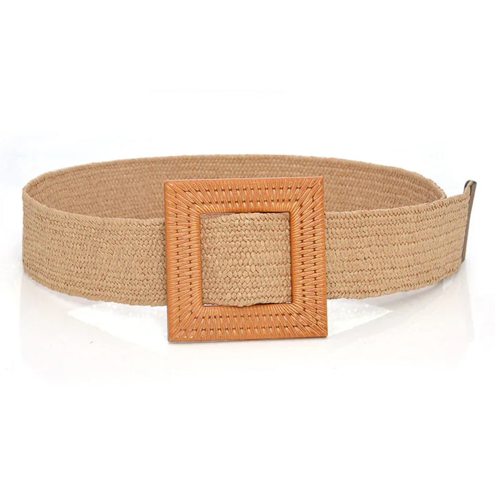 Wide woven beige belt with large square wooden buckle on white background