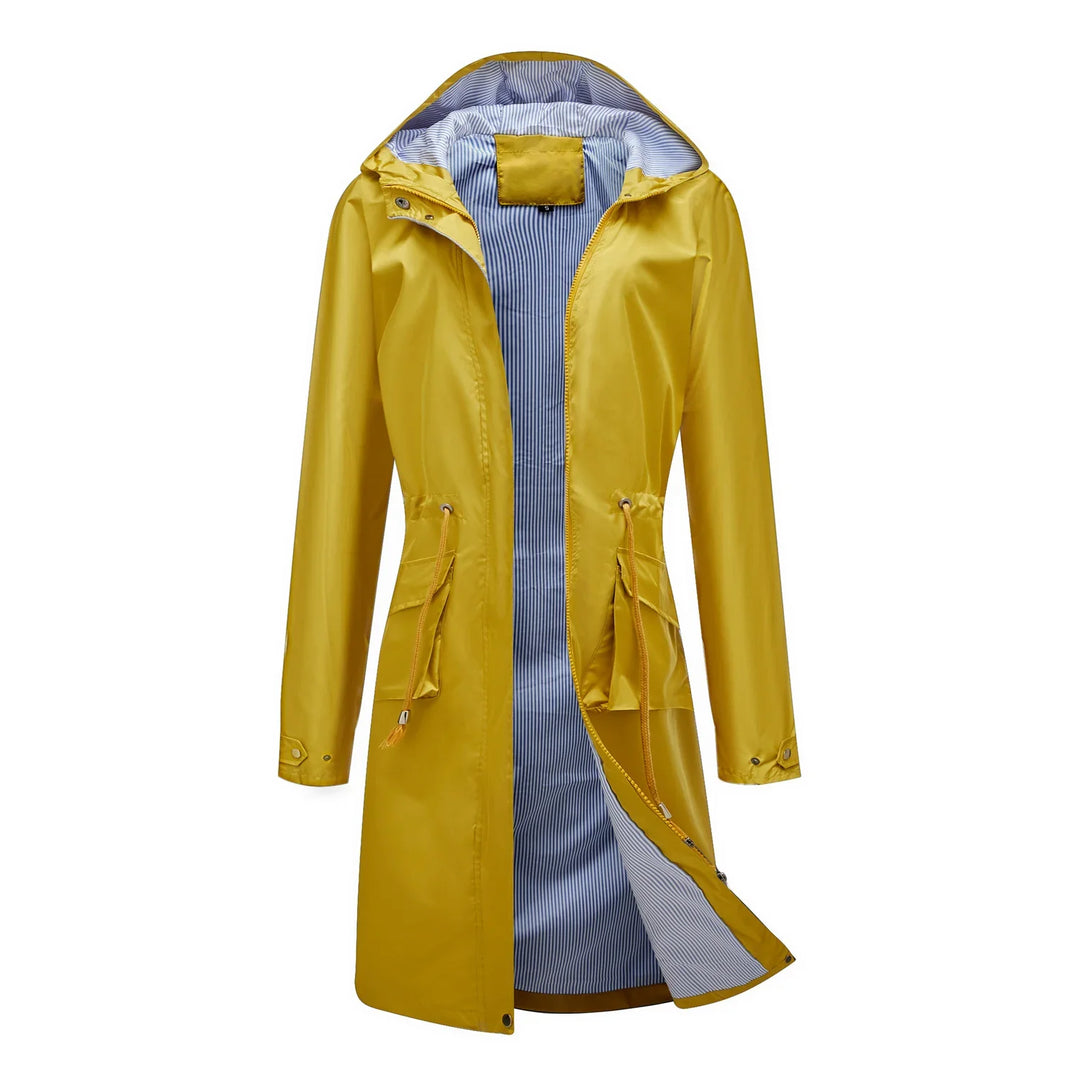 Yellow women's raincoat with hood, adjustable waist drawstrings, and striped inner lining