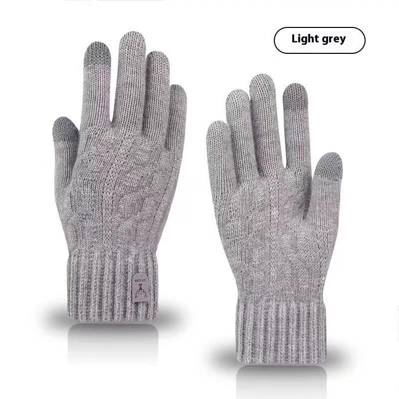 Light grey knit touchscreen gloves with ribbed cuffs and dark grey fingertips on index and thumb