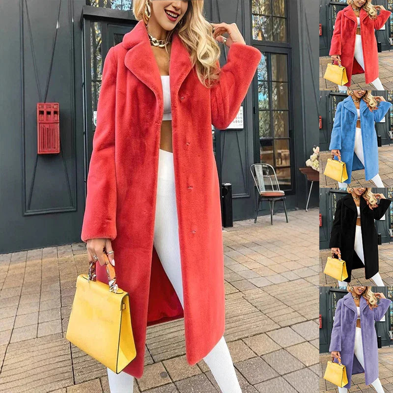 Woman wearing coral pink fuzzy long coat with white outfit and yellow handbag in urban setting