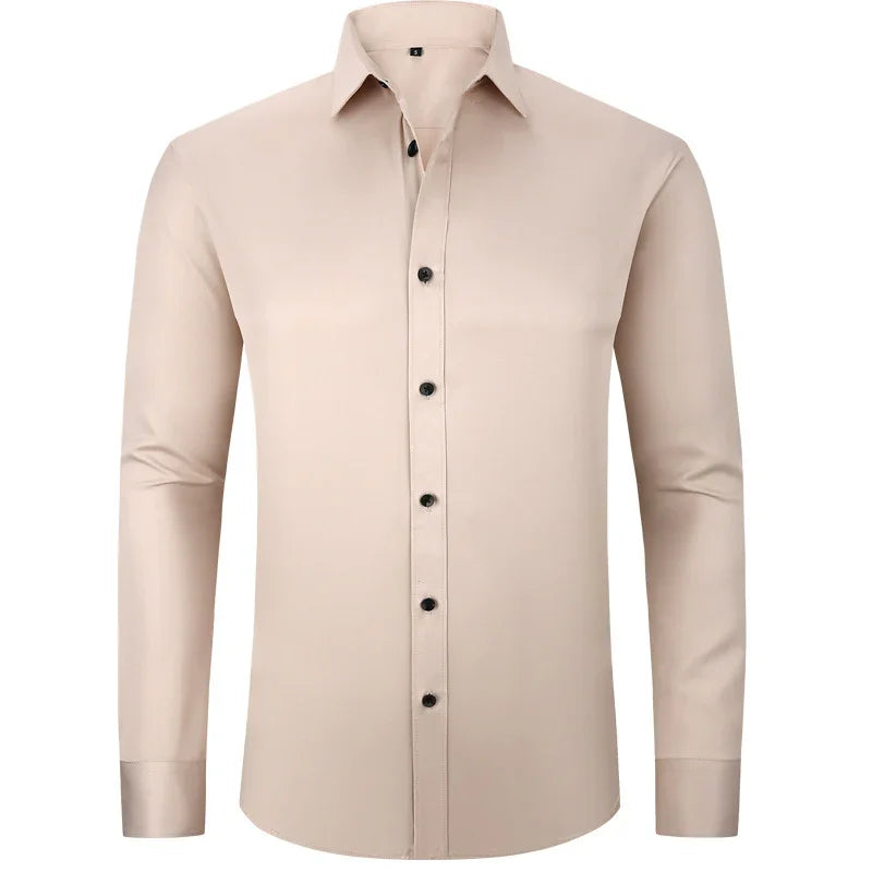 Men's beige long sleeve dress shirt with black buttons, classic collar, slim fit
