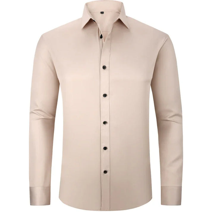 Men's beige long sleeve dress shirt with black buttons, classic collar, slim fit
