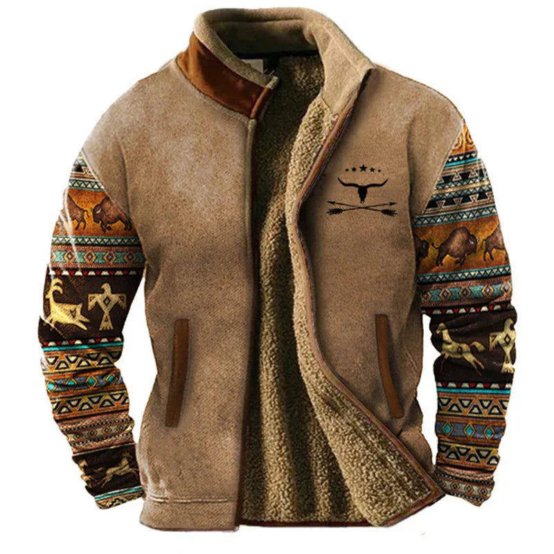 Brown sherpa fleece jacket with Native American-inspired patterned sleeves and bull skull emblem