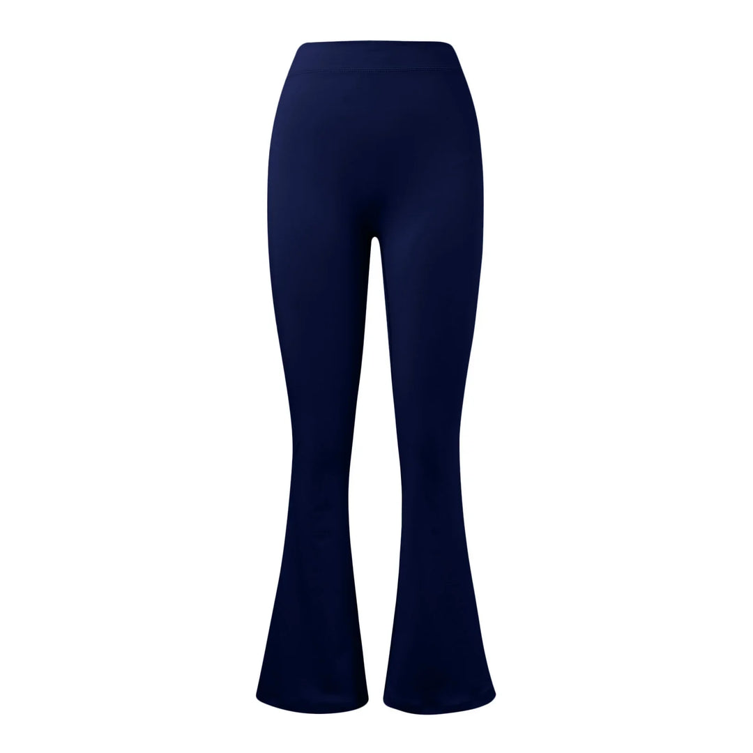 Navy blue flared leggings with high waist on white background