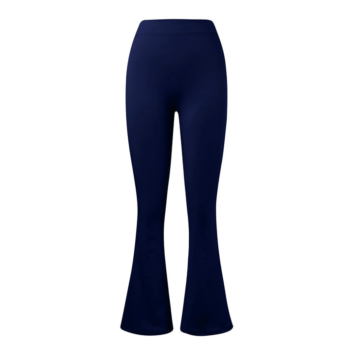 Navy blue flared leggings with high waist on white background