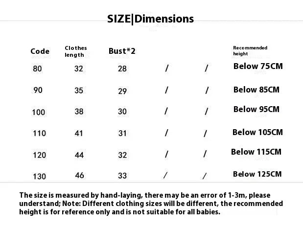 Children's clothing size chart with codes, clothes length, bust measurements, and recommended height in CM