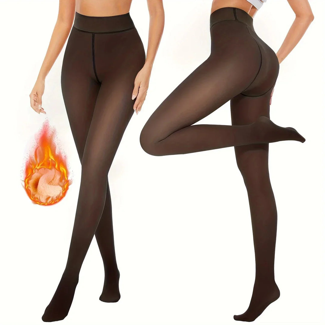 Women wearing high-waisted black sheer thermal tights, front and side view with flame icon indicating warmth