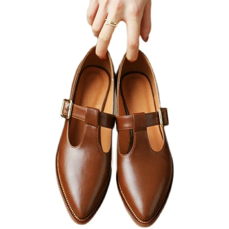 Hand holding pair of brown leather pointed toe Mary Jane shoes with side buckles