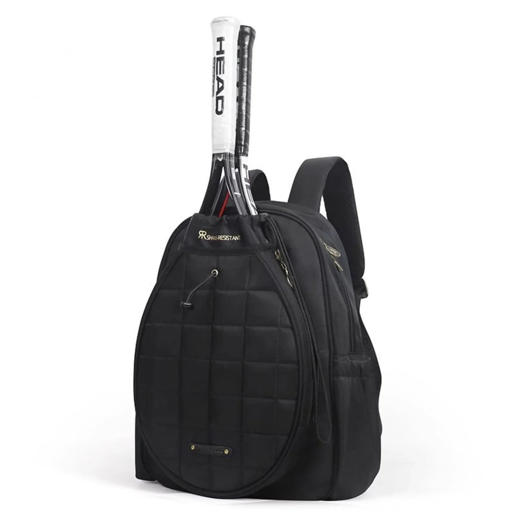 Black quilted tennis backpack with two HEAD rackets in main compartment