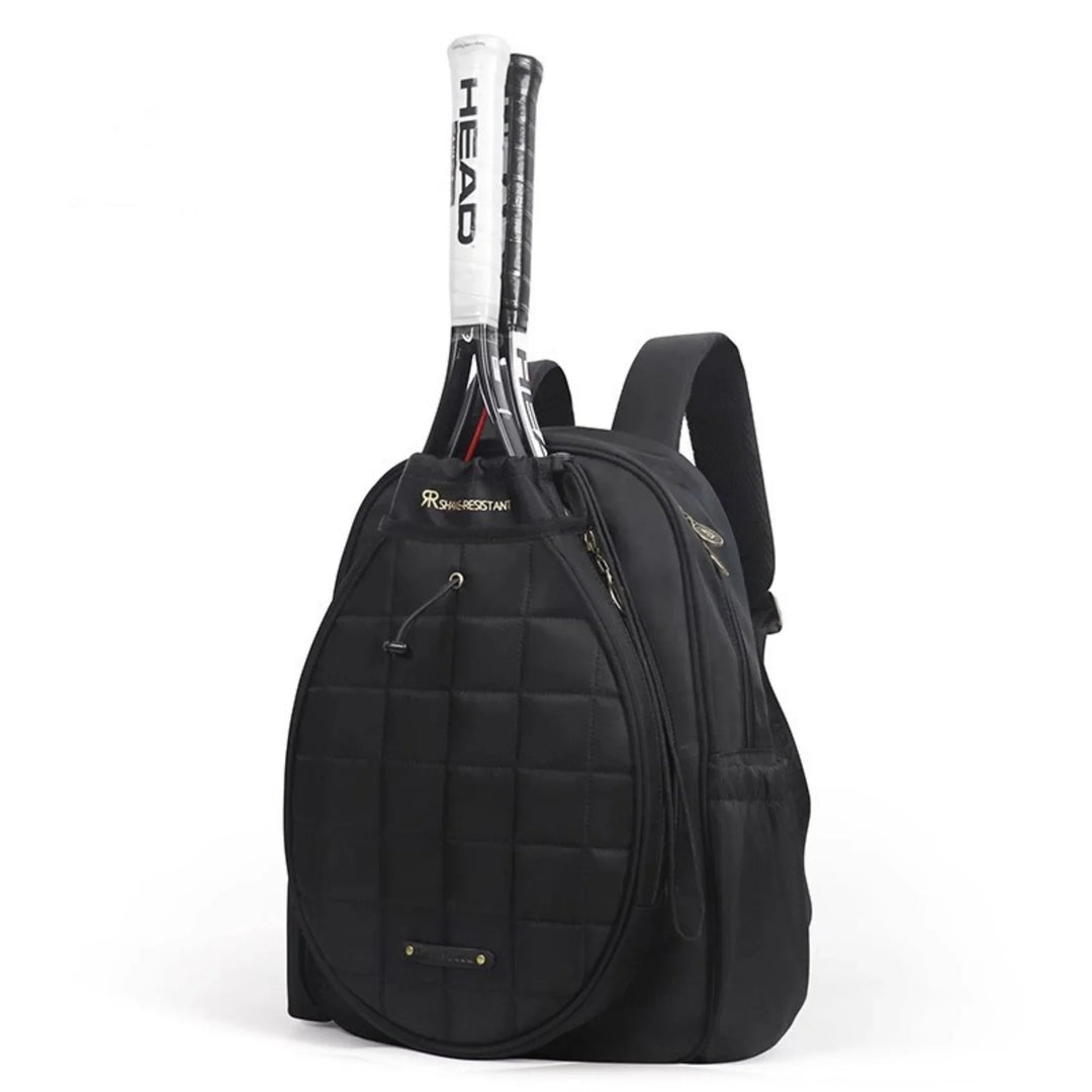 Black quilted tennis backpack with two HEAD rackets in main compartment