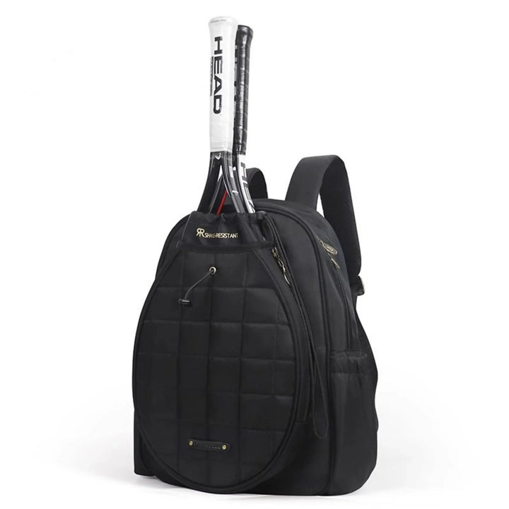 Black quilted tennis backpack with two HEAD rackets in main compartment