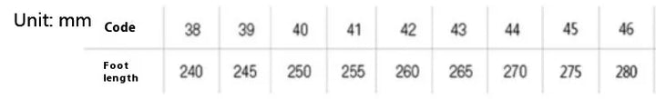 Size chart showing shoe sizes 38 to 46 with corresponding foot lengths in millimeters