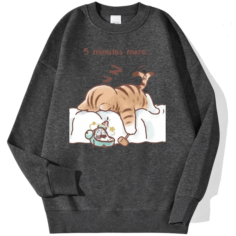 Dark gray sweatshirt with cute cartoon of sleeping cat and alarm clock, text says 5 minutes more