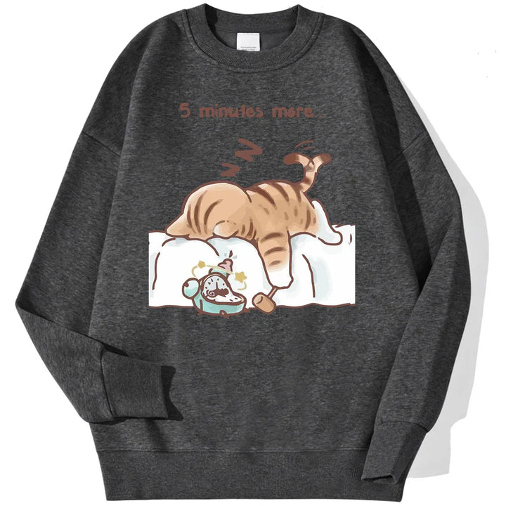 Dark gray sweatshirt with cute cartoon of sleeping cat and alarm clock, text says 5 minutes more