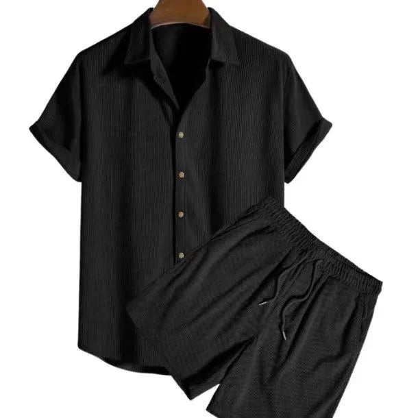 Black casual short-sleeve button-up shirt with matching elastic waist shorts outfit