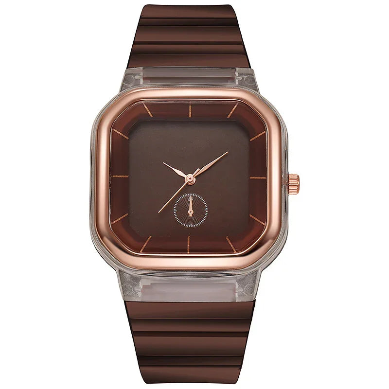 Square brown wristwatch with rose gold bezel, brown dial, and matching strap