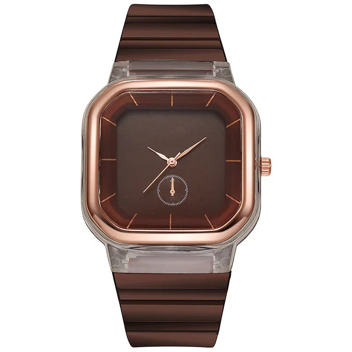 Square brown wristwatch with rose gold bezel, brown dial, and matching strap