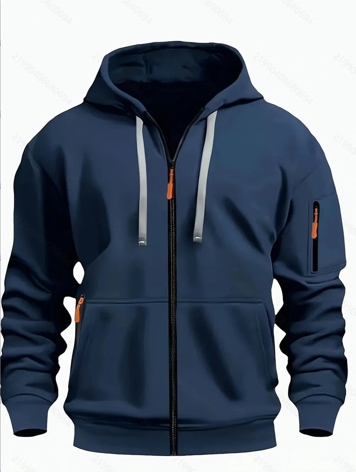 Men's navy blue zip-up hoodie with front pockets, hood with drawstrings, and sleeve zipper pocket