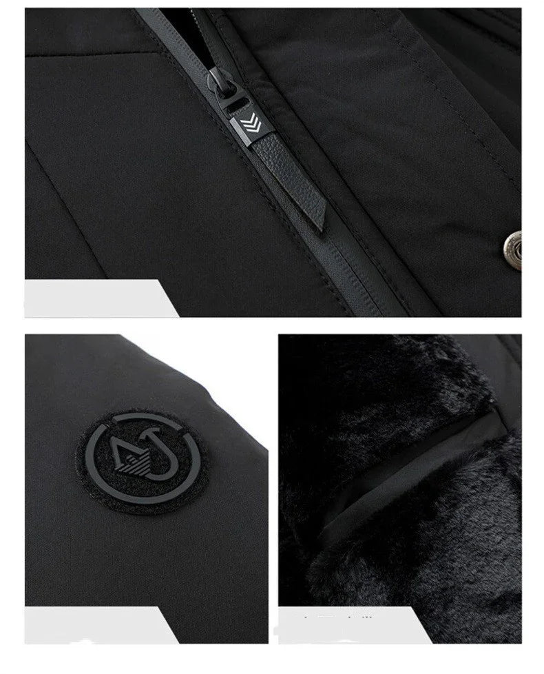 Close-up details of black jacket showing zipper, logo patch, and soft fur lining