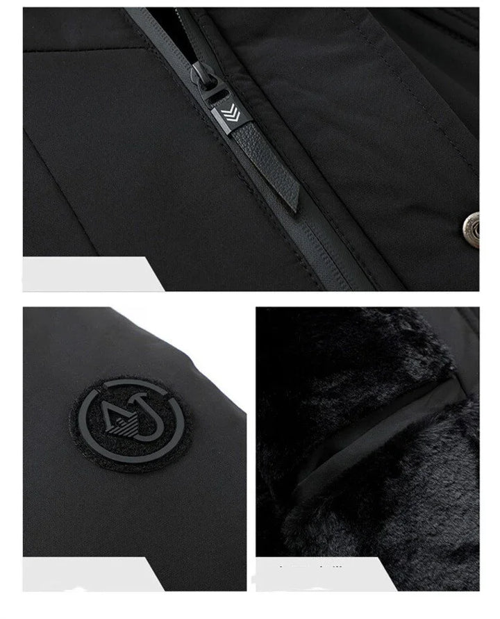 Close-up details of black jacket showing zipper, logo patch, and soft fur lining