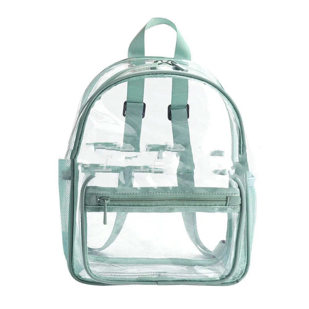clear backpack with mint green trim, front zipper pocket, and adjustable shoulder straps