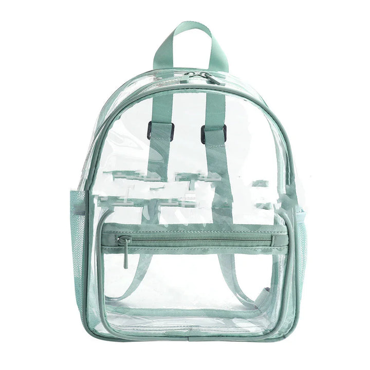clear backpack with mint green trim, front zipper pocket, and adjustable shoulder straps
