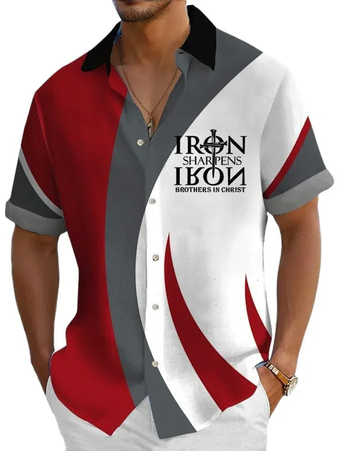 Men's short sleeve button-up shirt with bold red, gray, and white design and 'Iron Sharpens Iron Brothers in Christ' text